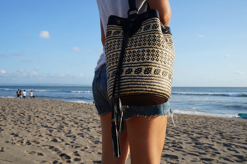 Rattan and Leather Bucket Bag